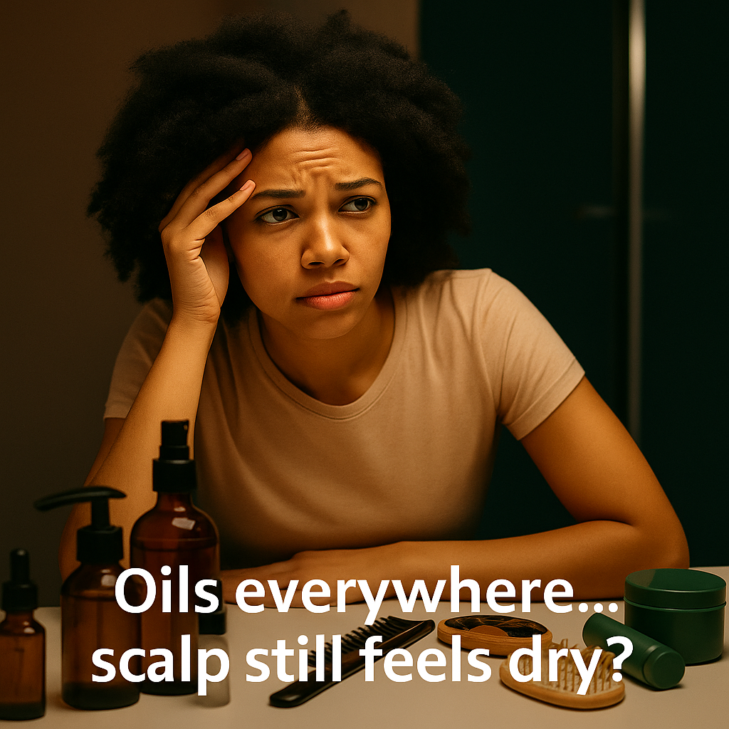 Woman touching tight, stressed scalp